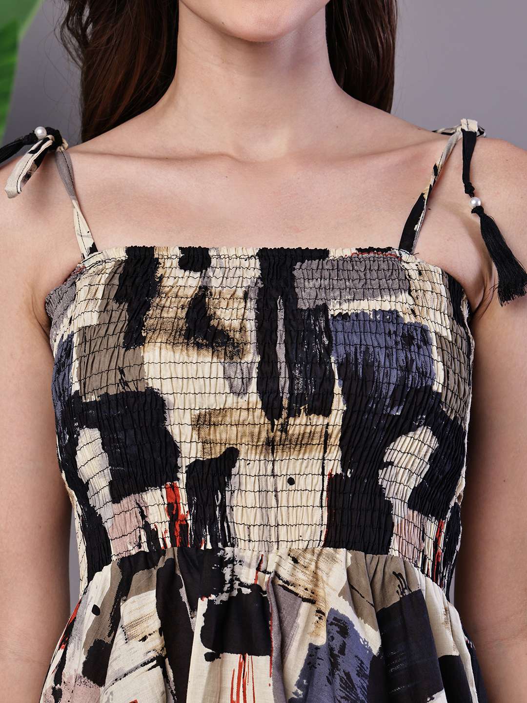 Women's Abstract Print Smocked Asymmetrical Hem Dress Midi Dresses - Image 5